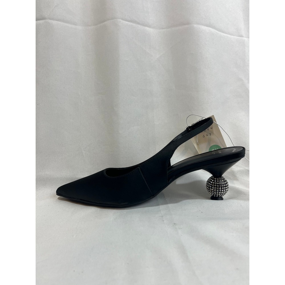 A New Day Womens Black Satin Slingback Pumps Rhinestone Sphere Heel Size 8.5 - Picture 4 of 6